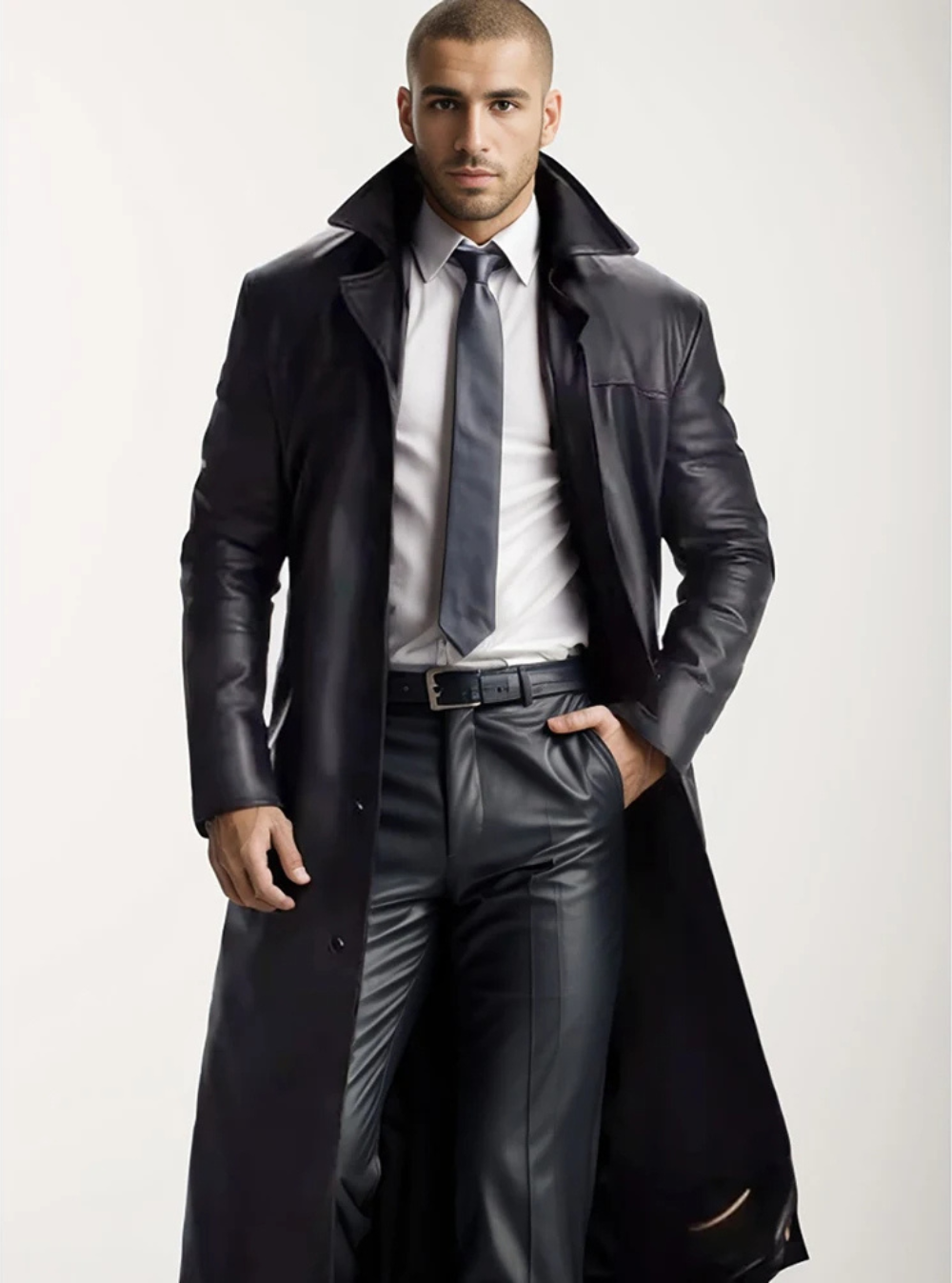 Ian | Men's Long Leather Trench Coat Lapel Collar