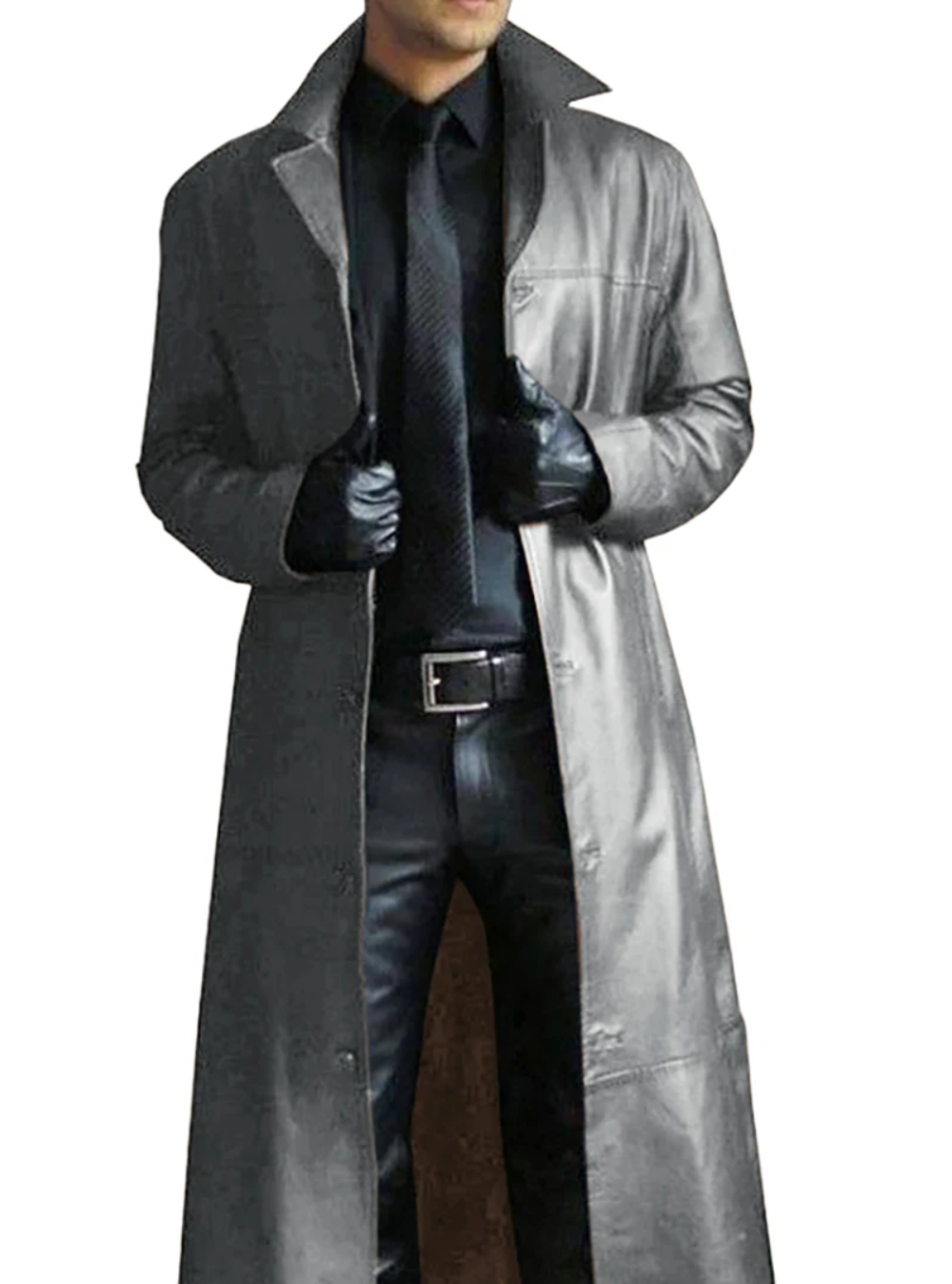 Ian | Men's Long Leather Trench Coat Lapel Collar