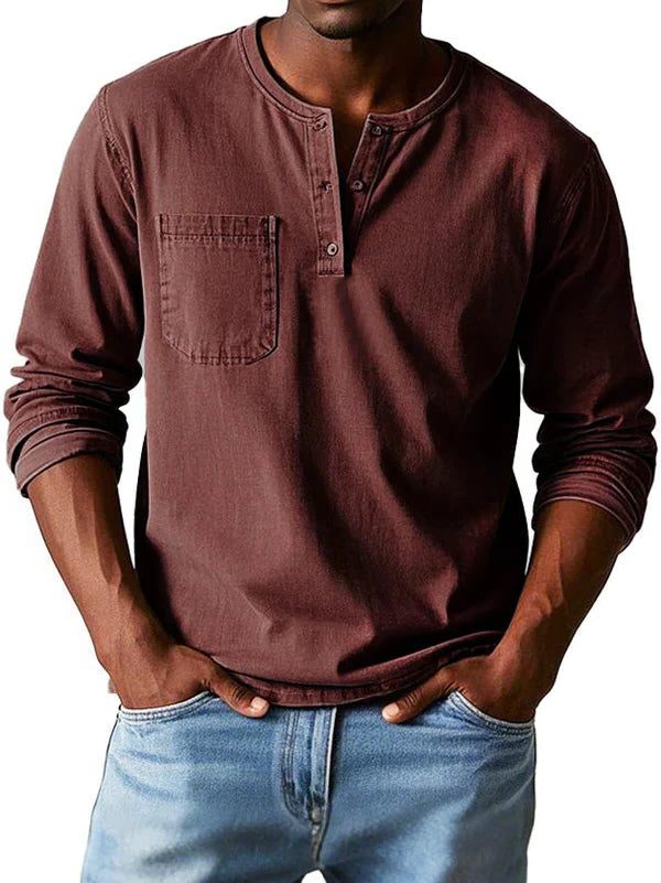 Henley Button-Front Long Sleeve Shirt for Men