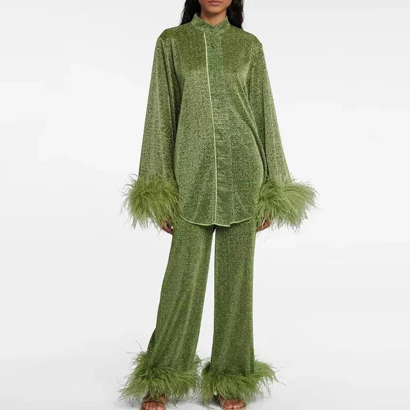 Women’s Shimmer Evening Top and Trouser Set with Feather Trim – Elegant Two-Piece Occasion Outfit for Parties and Events