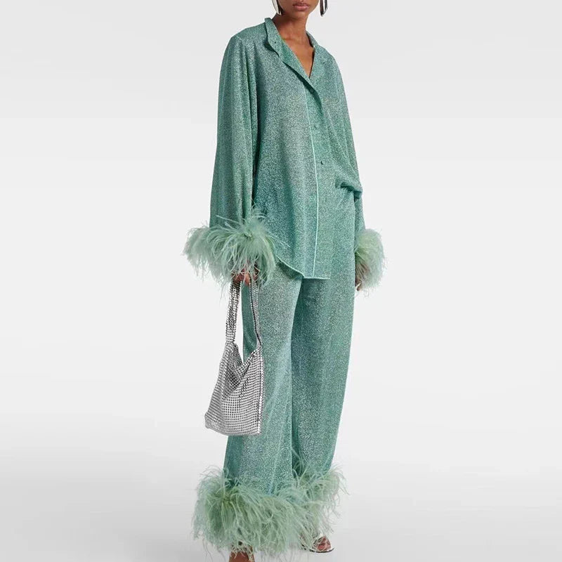 Women’s Shimmer Evening Top and Trouser Set with Feather Trim – Elegant Two-Piece Occasion Outfit for Parties and Events