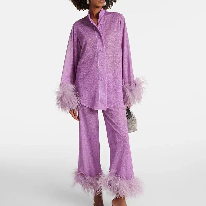 Women’s Shimmer Evening Top and Trouser Set with Feather Trim – Elegant Two-Piece Occasion Outfit for Parties and Events