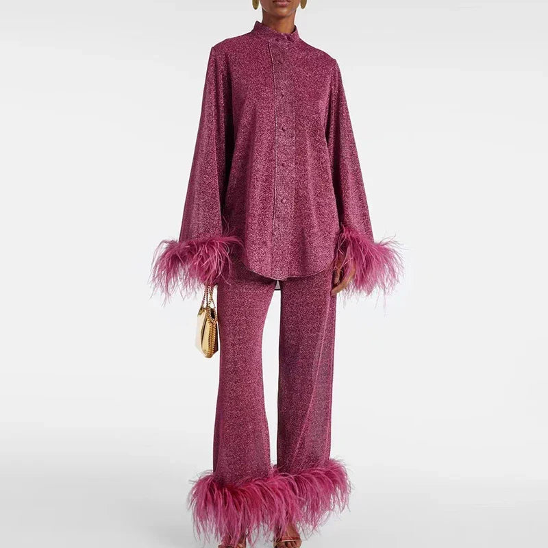 Women’s Shimmer Evening Top and Trouser Set with Feather Trim – Elegant Two-Piece Occasion Outfit for Parties and Events
