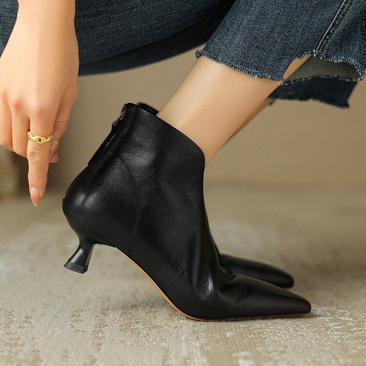 Henrietta - Women’s Leather Pointed Toe Kitten Heel Ankle Boots