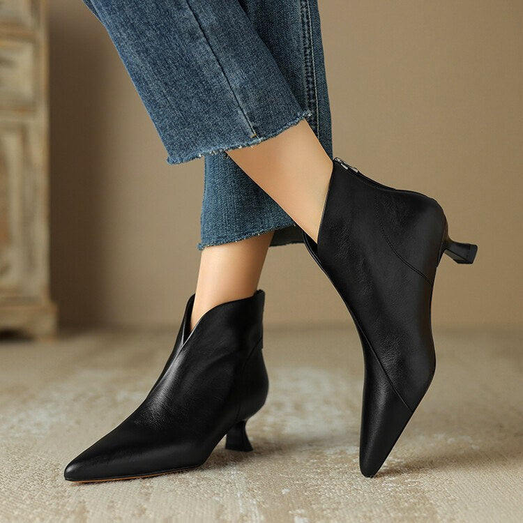 Henrietta - Women’s Leather Pointed Toe Kitten Heel Ankle Boots