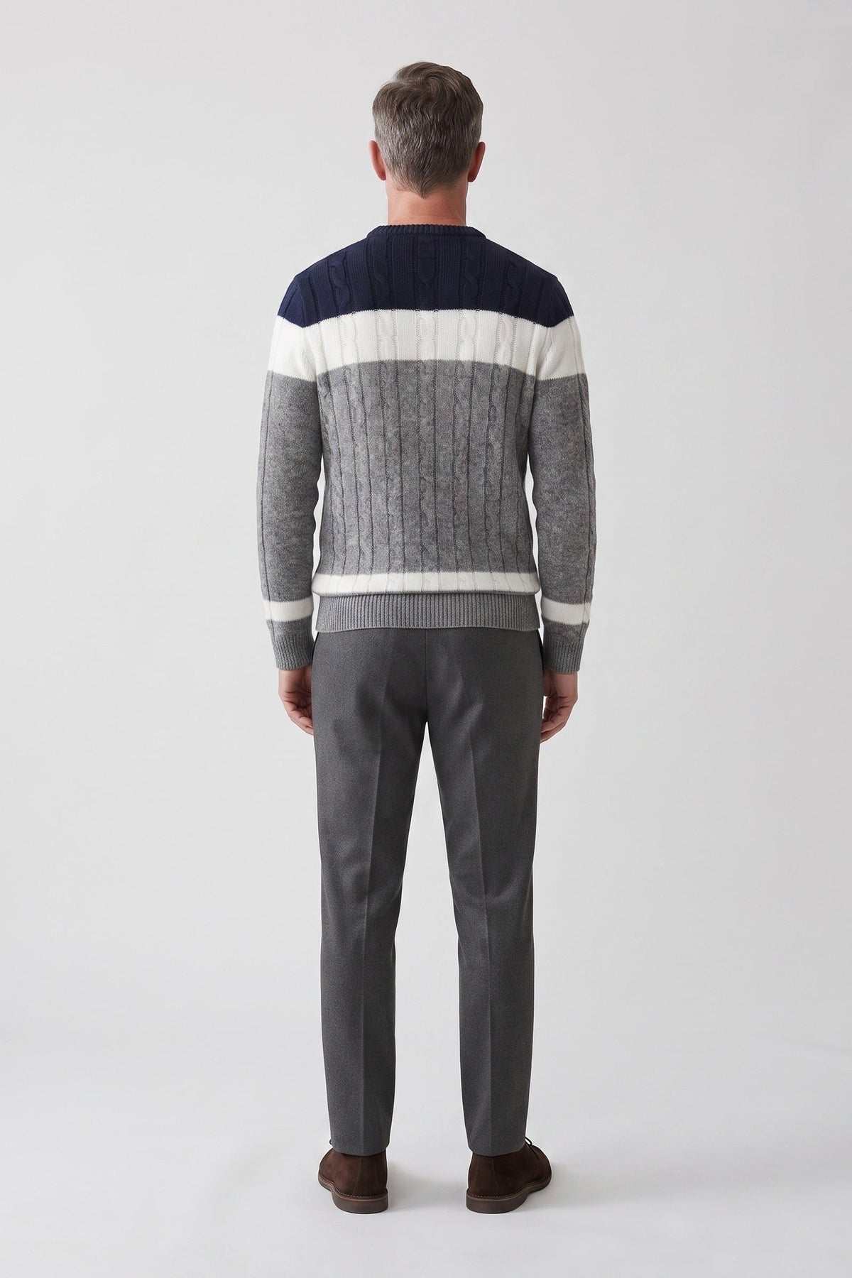 Men's Cable Knit Sweater | Colourblock Panel Crew Neck
