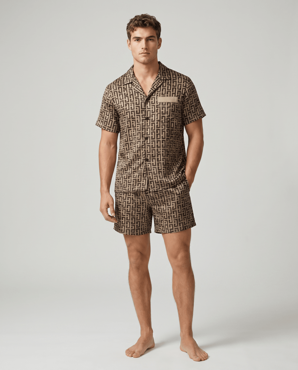 Men's Satin Short Sleeve Pyjama Set | Striped Button-Up Shirt and Shorts