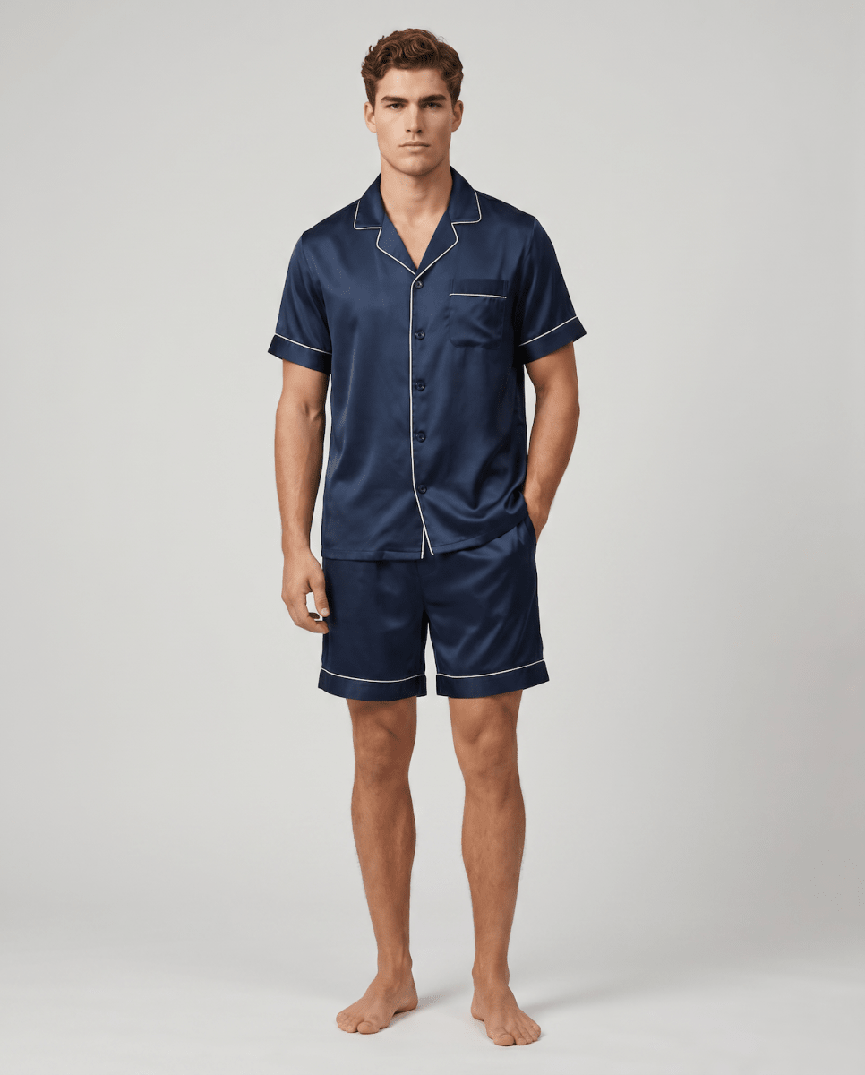 Men's Satin Short Sleeve Pyjama Set | Striped Button-Up Shirt and Shorts