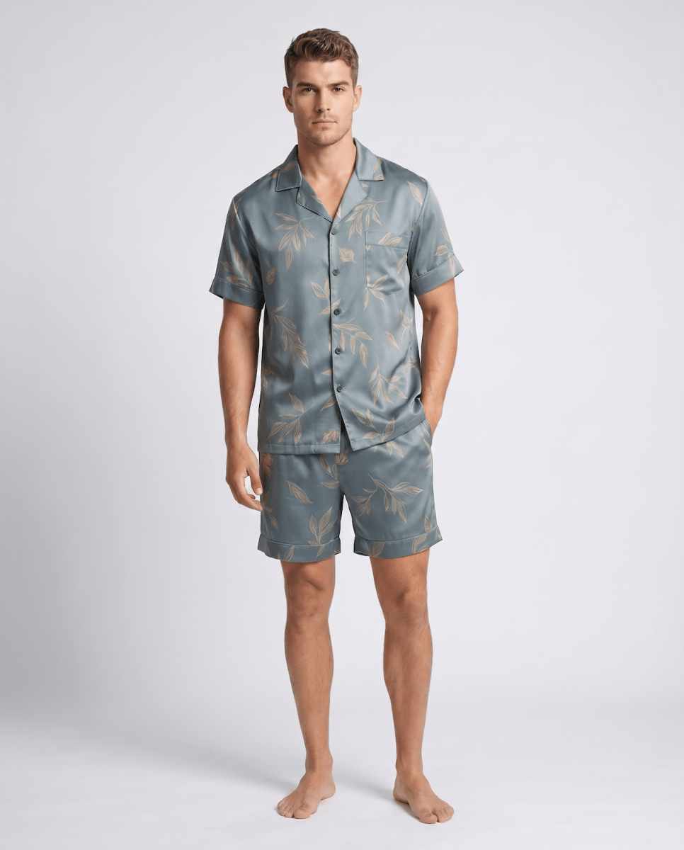 Men's Satin Short Sleeve Pyjama Set | Striped Button-Up Shirt and Shorts