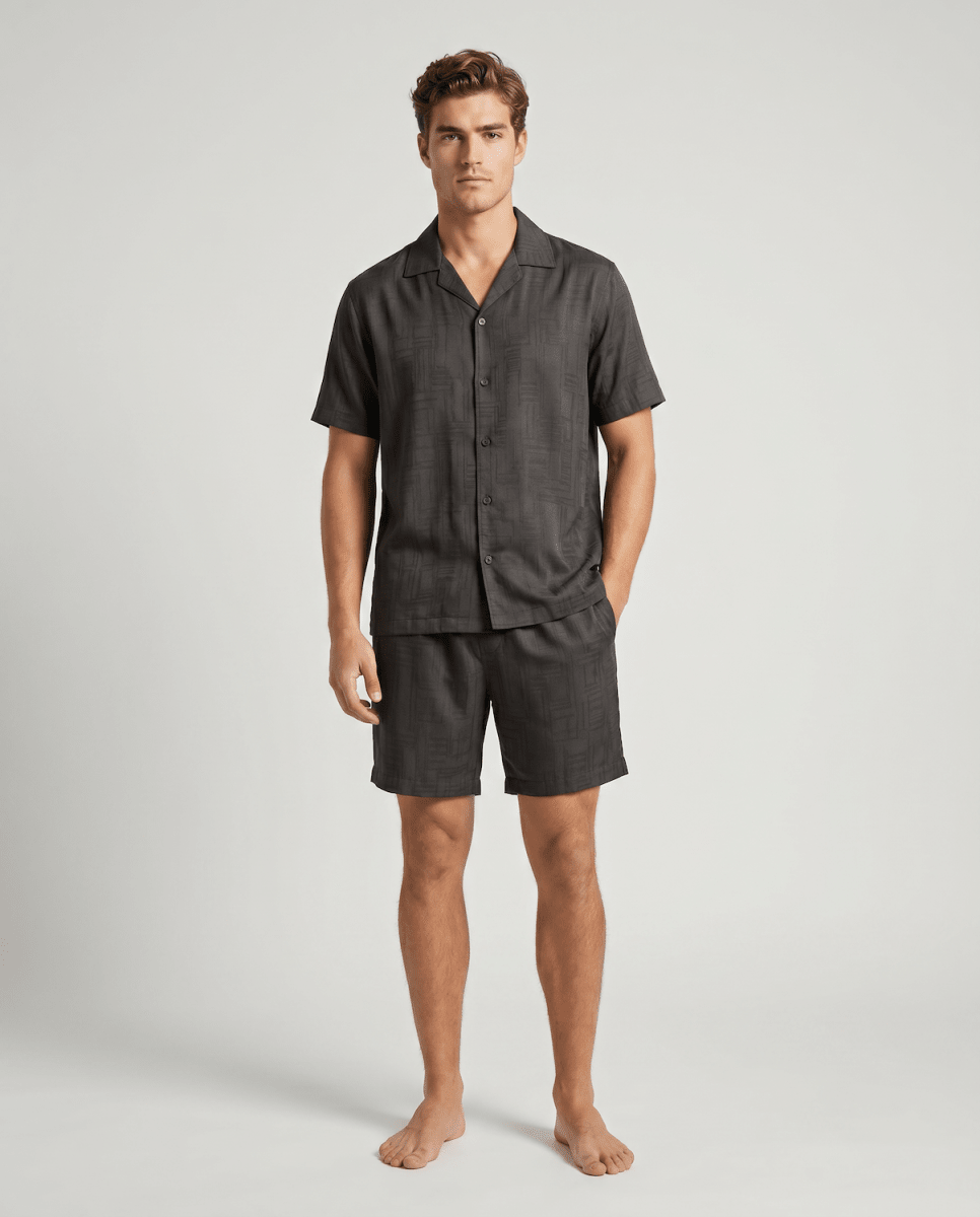 Men's Satin Short Sleeve Pyjama Set | Striped Button-Up Shirt and Shorts