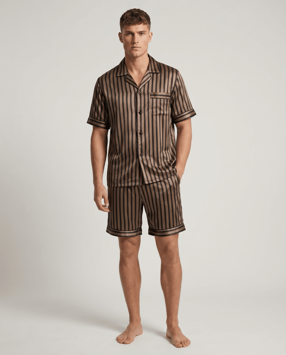 Men's Satin Short Sleeve Pyjama Set | Striped Button-Up Shirt and Shorts