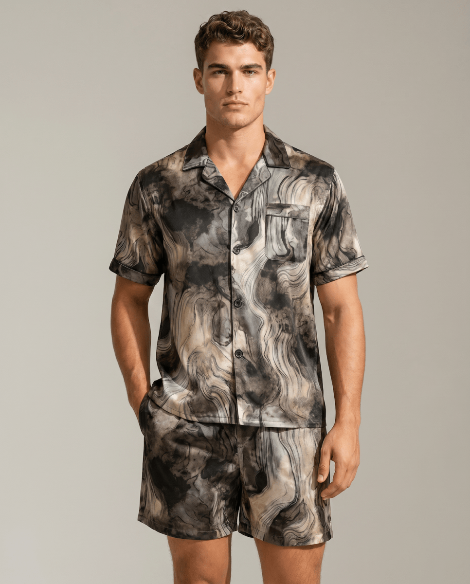 Men's Satin Short Sleeve Pyjama Set | Striped Button-Up Shirt and Shorts