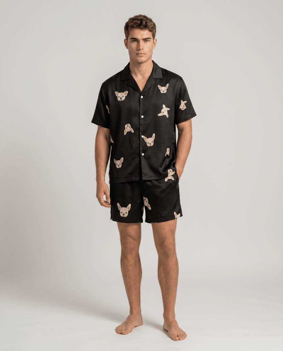Men's Satin Short Sleeve Pyjama Set | Striped Button-Up Shirt and Shorts