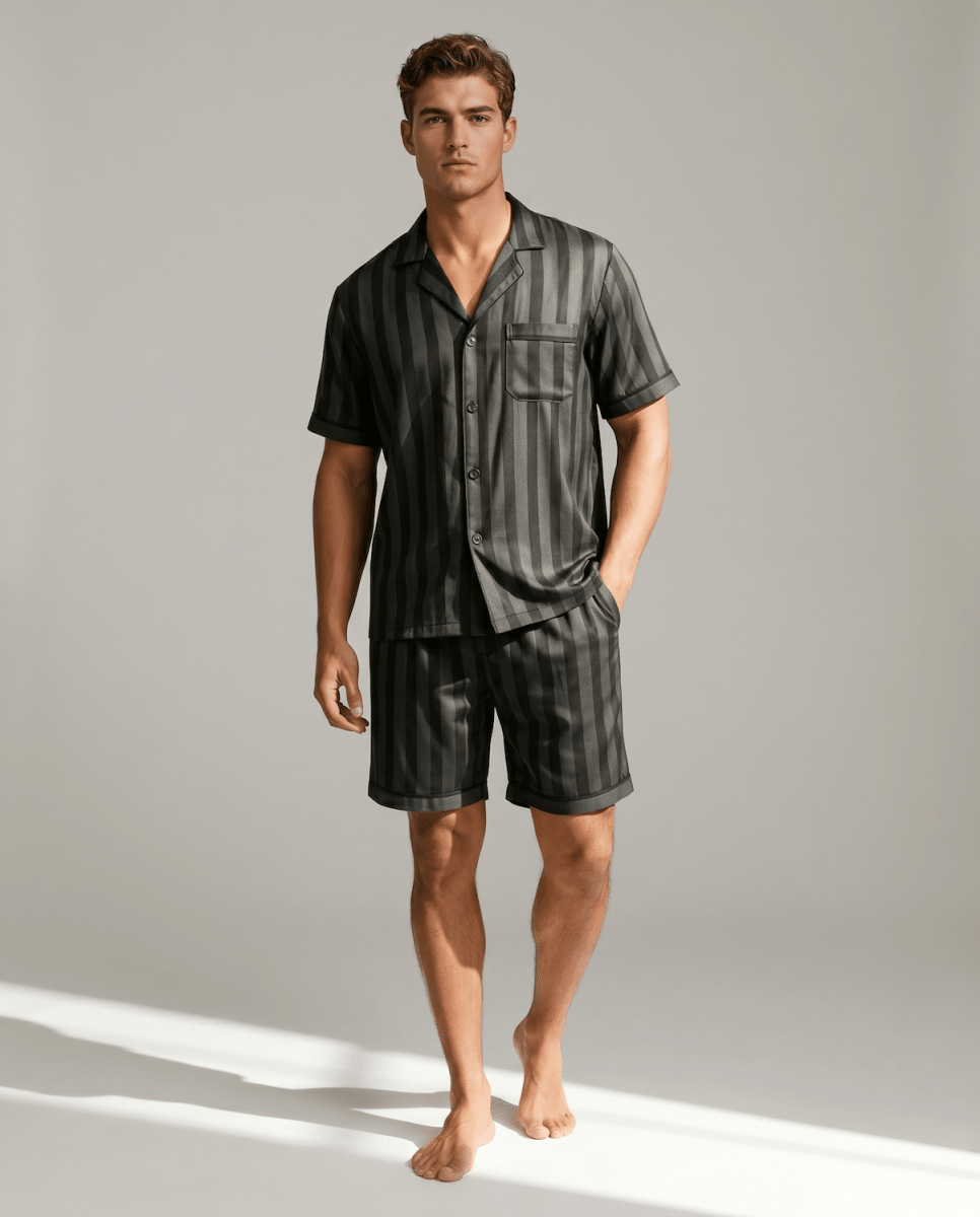 Men's Satin Short Sleeve Pyjama Set | Striped Button-Up Shirt and Shorts