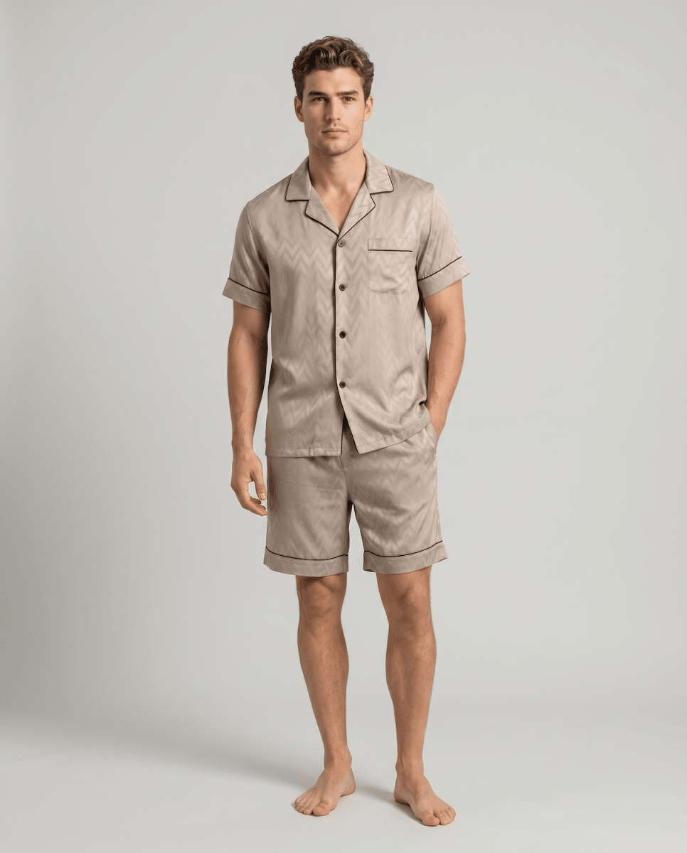 Men's Satin Short Sleeve Pyjama Set | Striped Button-Up Shirt and Shorts