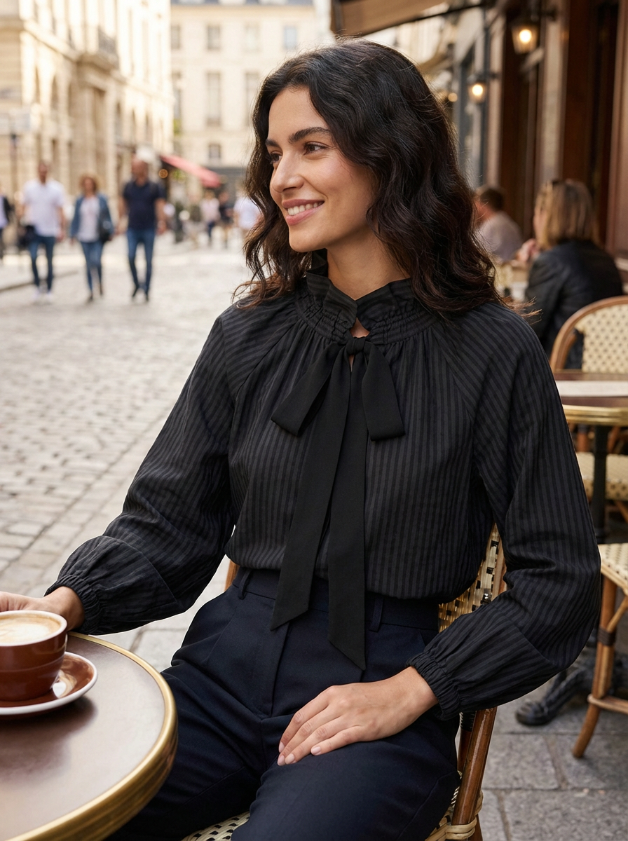 Women's High Neck Blouse with Tie Detail