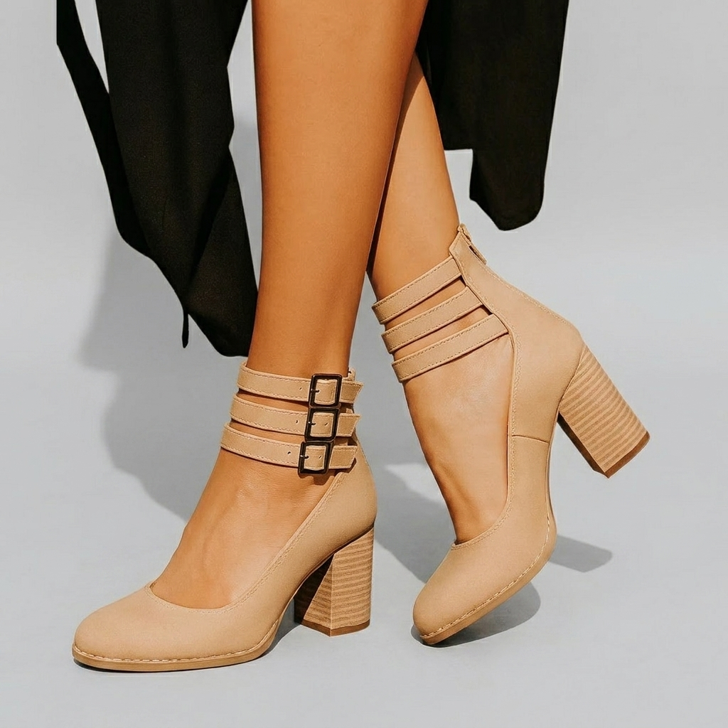 Women's Ankle Strap Block Heel Shoes with Closed Toe