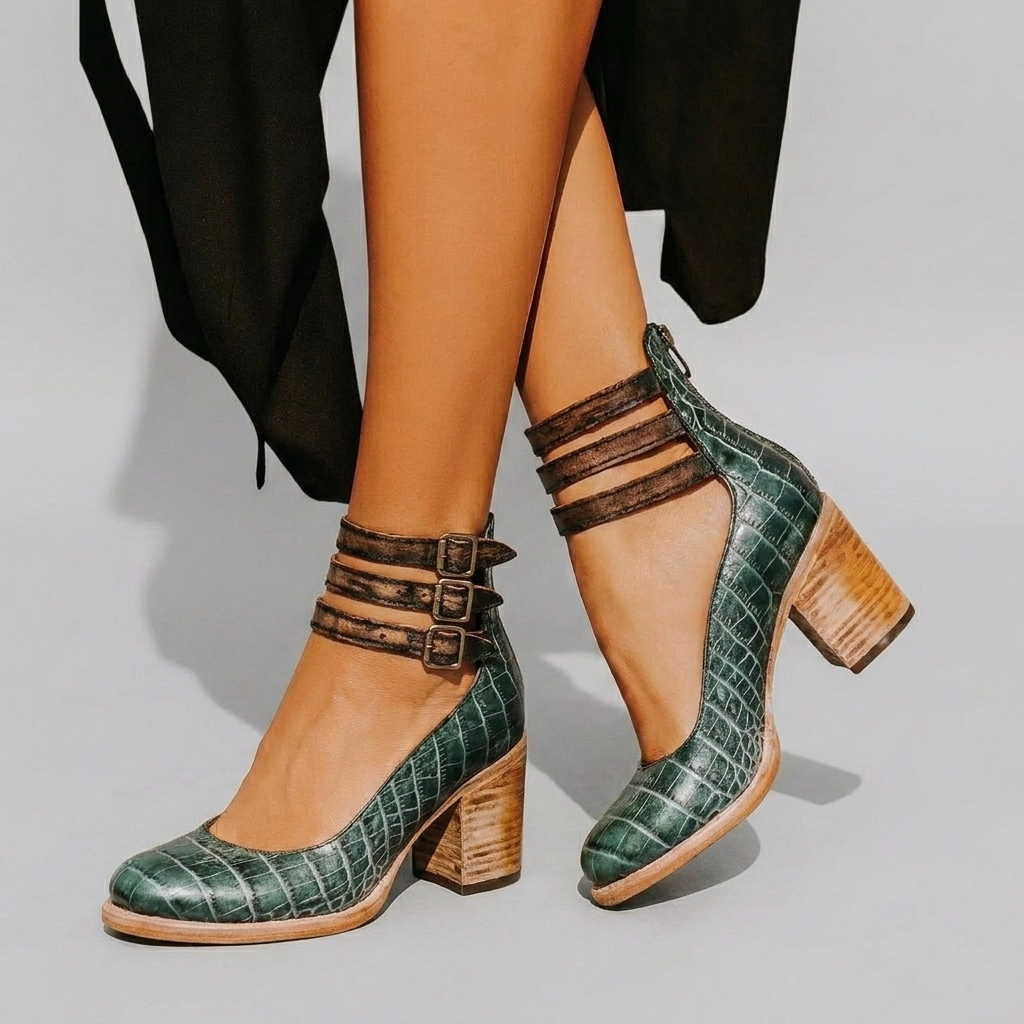 Women's Ankle Strap Block Heel Shoes with Closed Toe