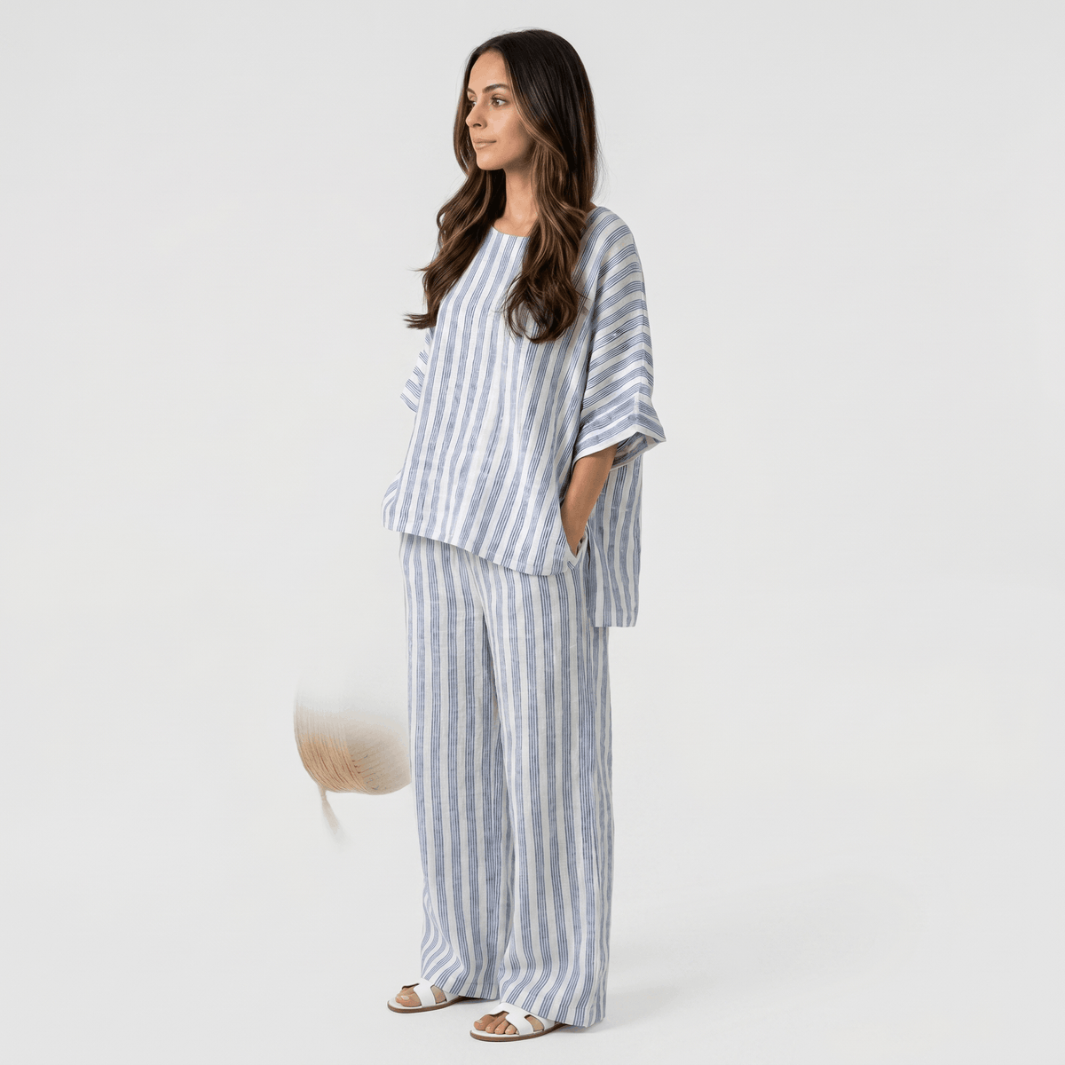 Amelia Striped Linen Two-Piece Set – Round Neck Oversized Top Wide Leg Trouser Casual Outfit