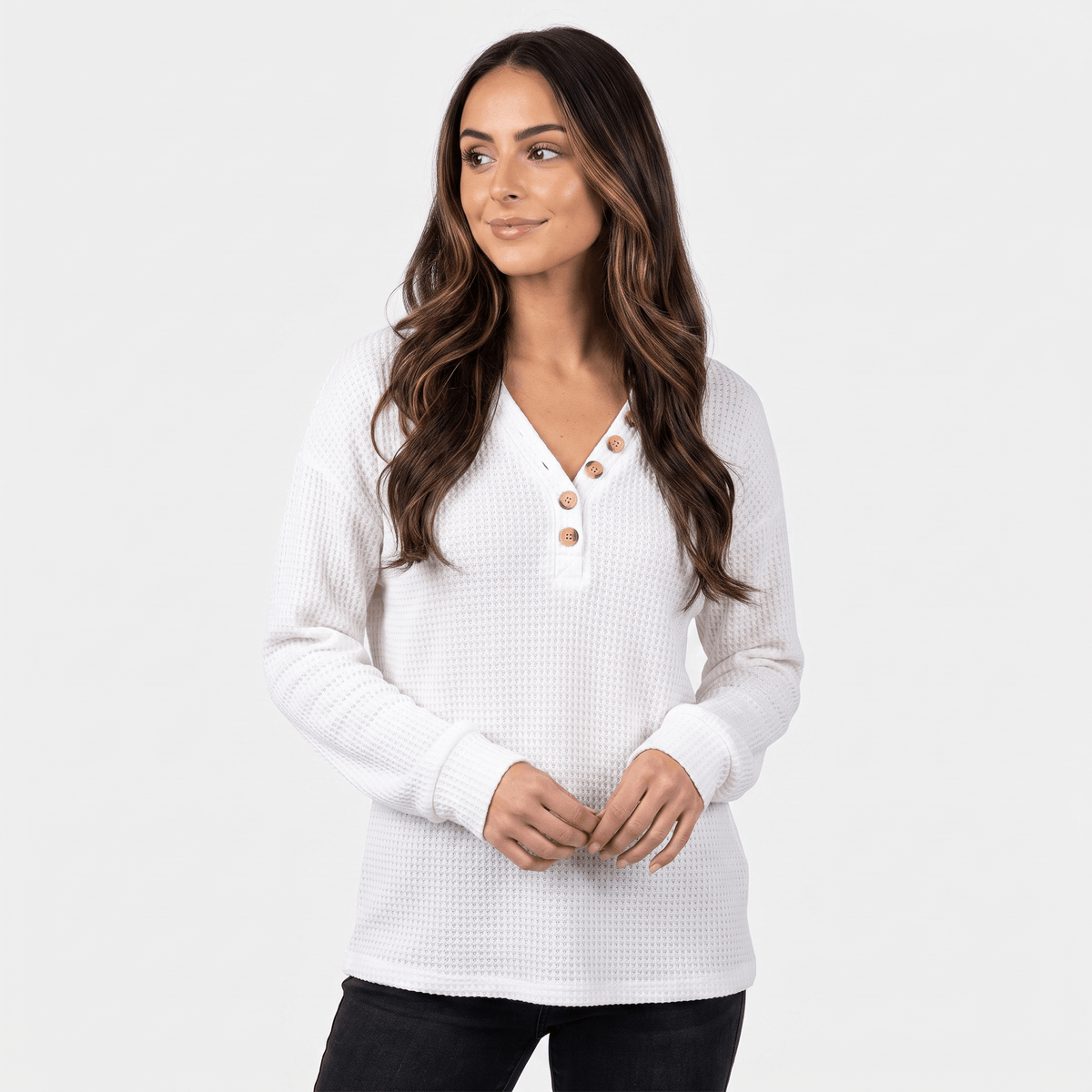 Aveline Waffle Knit Sweater – V-Neck Henley Pullover