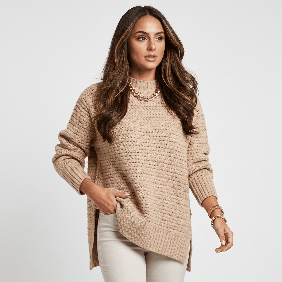 Seraphina Chunky Knit Sweater – Mock Neck Slit Pullover