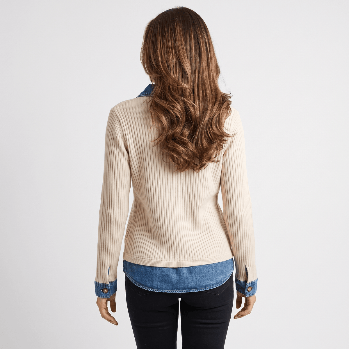 Marigold Ribbed Knit Sweater – Denim Collar Button V-Neck Top