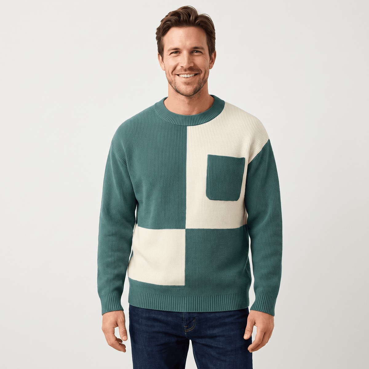 Kenneth Ribbed Knit Sweater – Geometric Color Block Pullover