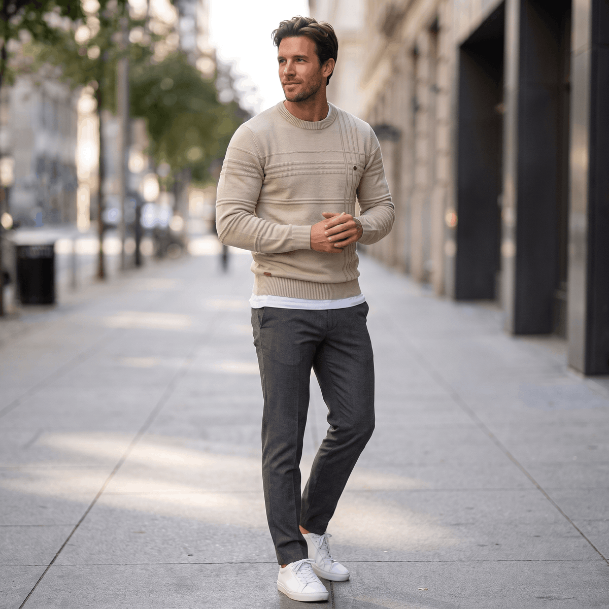 Marcus Cotton Knit Sweater – Crosshatch Crew Neck Pullover
