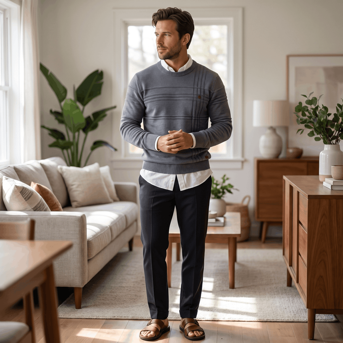 Marcus Cotton Knit Sweater – Crosshatch Crew Neck Pullover