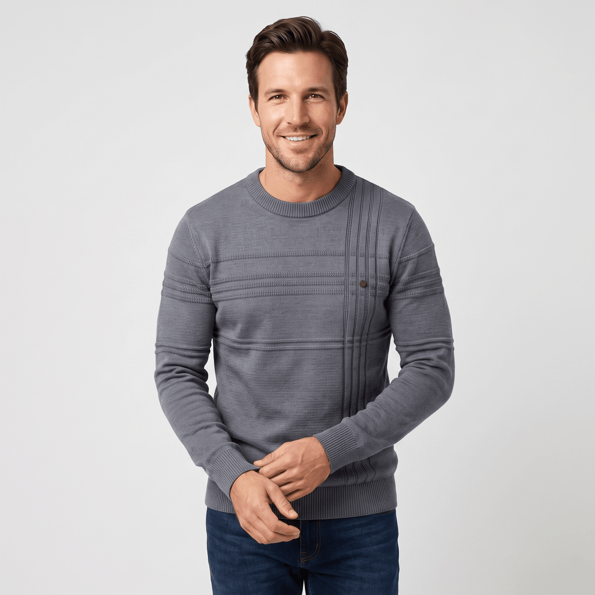 Marcus Cotton Knit Sweater – Crosshatch Crew Neck Pullover
