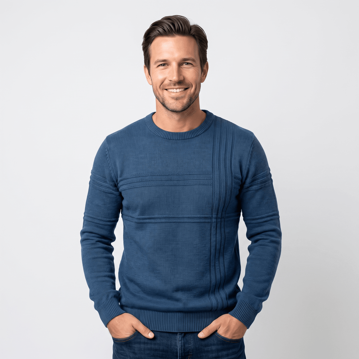 Marcus Cotton Knit Sweater – Crosshatch Crew Neck Pullover