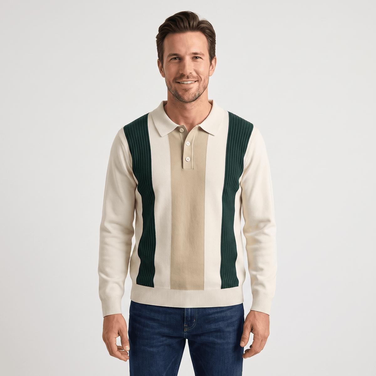 Julian Knit Polo Sweater – Ribbed Color Block Long Sleeve Top