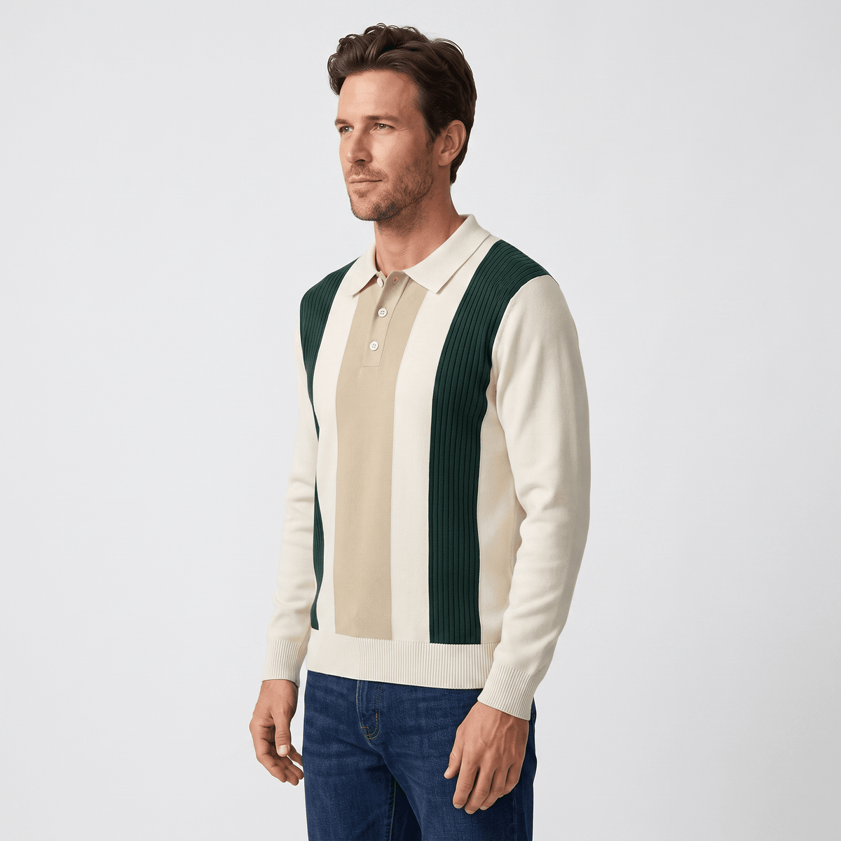 Julian Knit Polo Sweater – Ribbed Color Block Long Sleeve Top