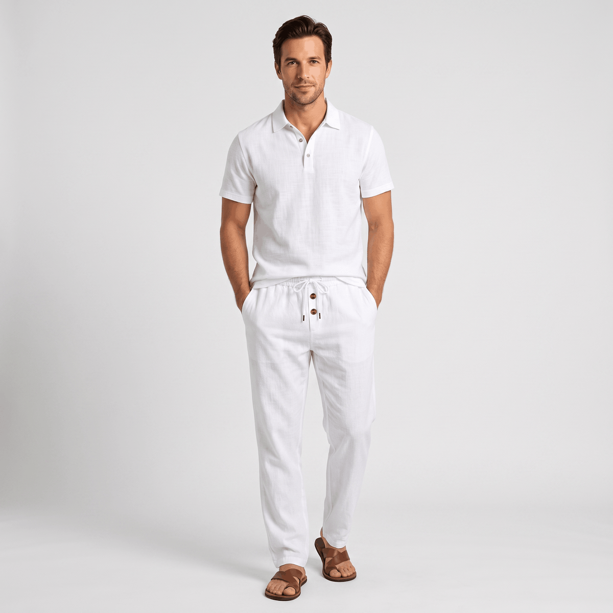 Thomas Textured Linen Polo Set – Relaxed Fit Drawstring Wide-Leg Loungewear