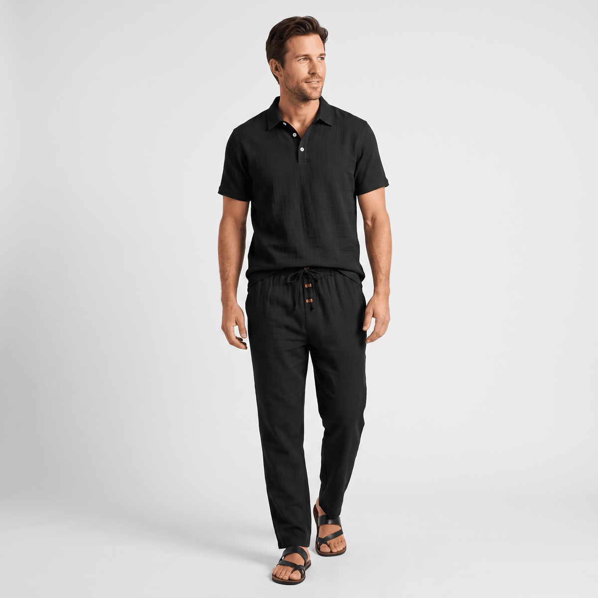 Thomas Textured Linen Polo Set – Relaxed Fit Drawstring Wide-Leg Loungewear