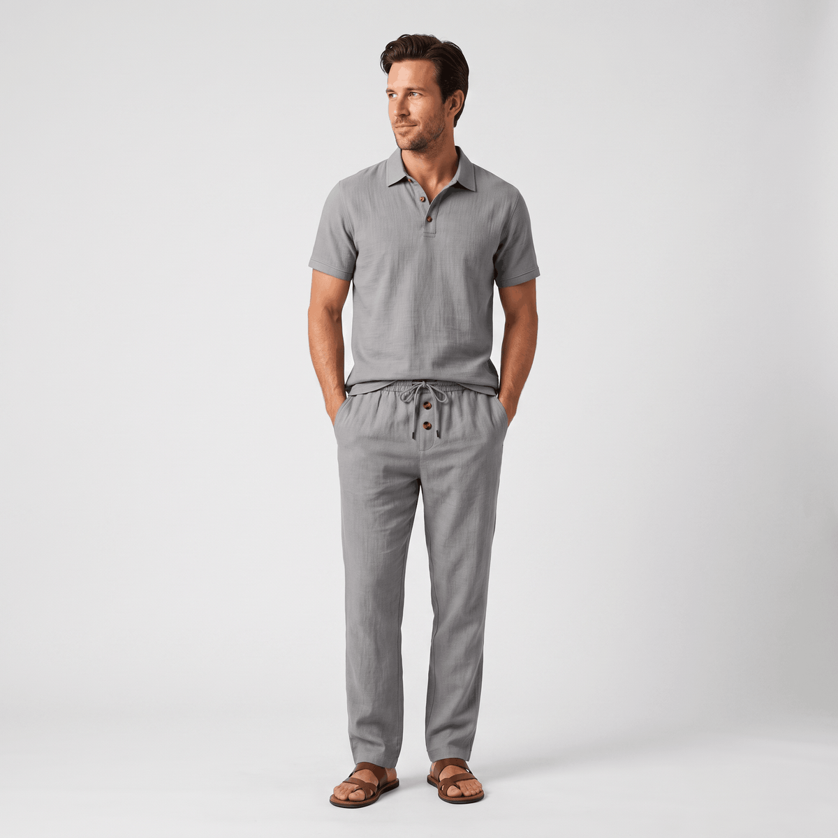 Thomas Textured Linen Polo Set – Relaxed Fit Drawstring Wide-Leg Loungewear