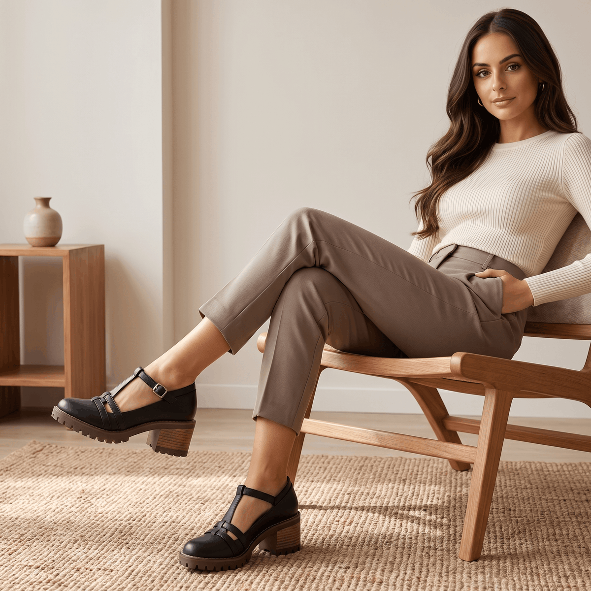 Britney Leather Mary Jane Heels – T-Strap Block-Heel Lugged-Sole Shoes