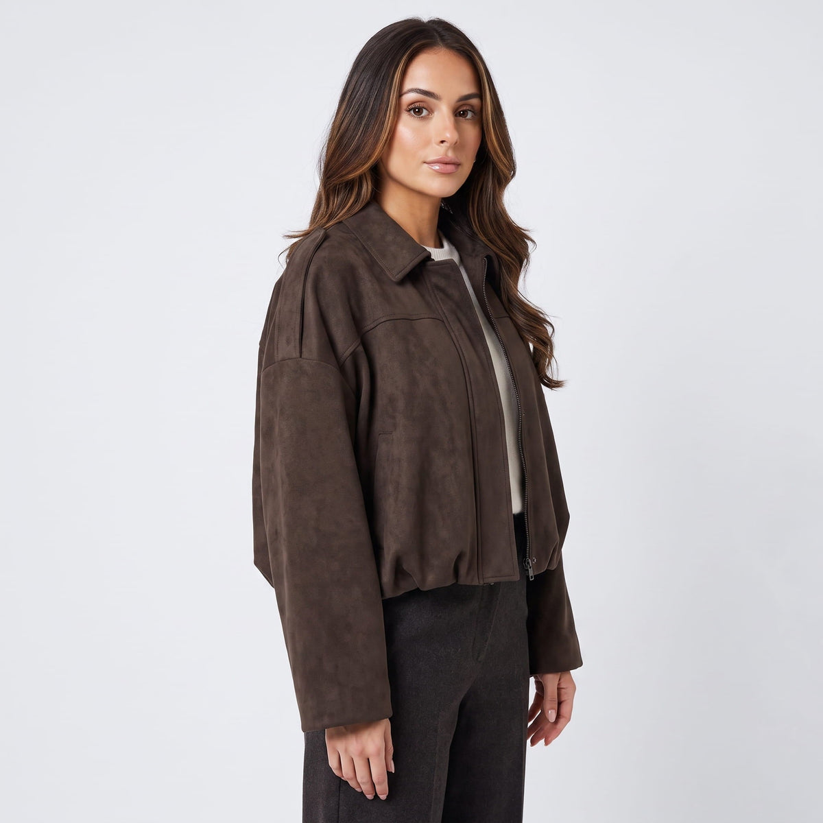 Sofia Suede Cropped Jacket – Oversized Drop-Shoulder Boxy Outerwear