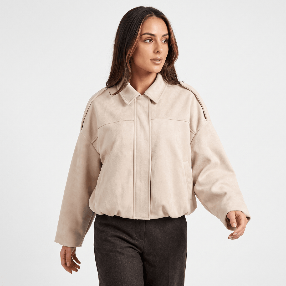 Sofia Suede Cropped Jacket – Oversized Drop-Shoulder Boxy Outerwear
