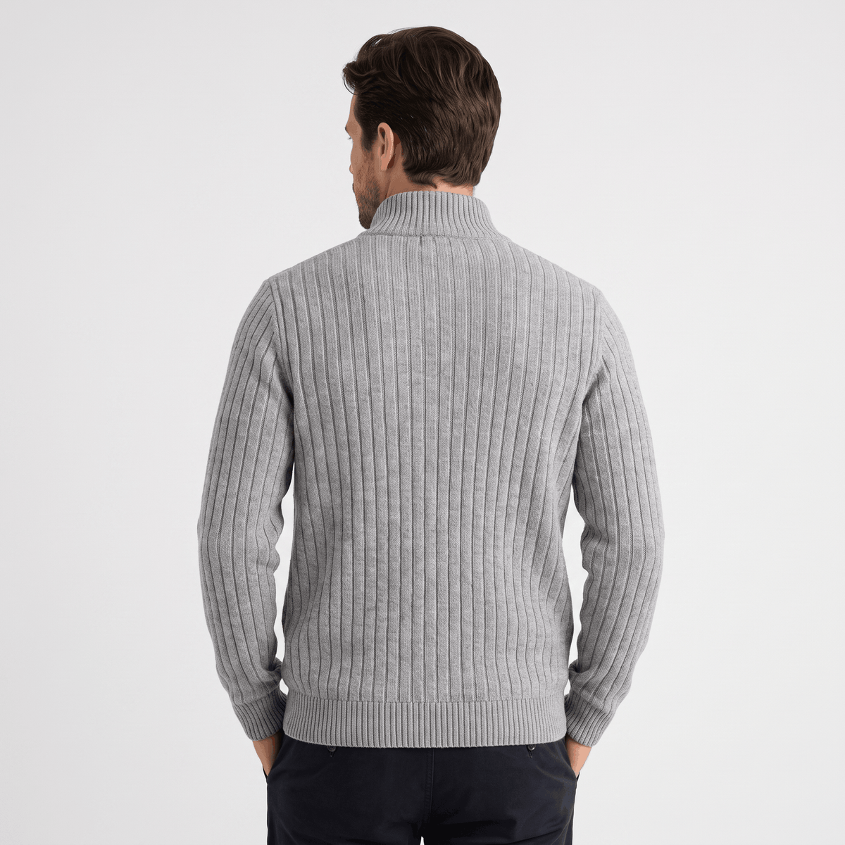 Casper Ribbed Knit Cardigan – Stand-Collar Full-Zip Structured Sweater
