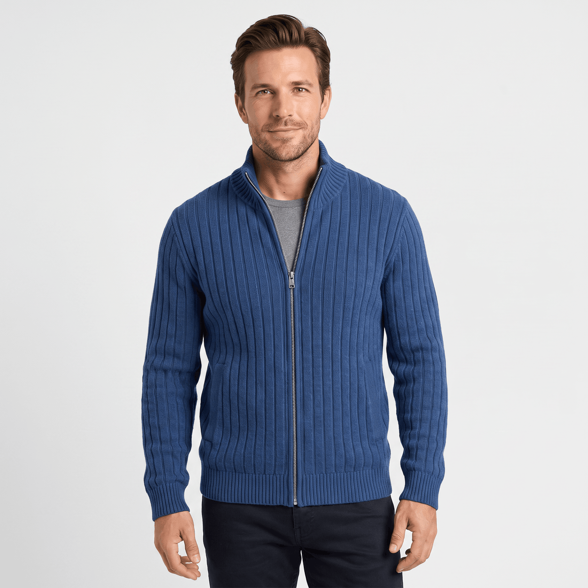Casper Ribbed Knit Cardigan – Stand-Collar Full-Zip Structured Sweater