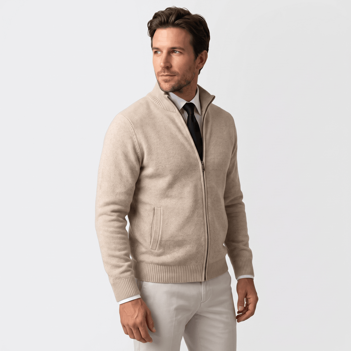 Jonel Textured Knit Cardigan – Stand-Collar Full-Zip Zip-Pocket Sweater