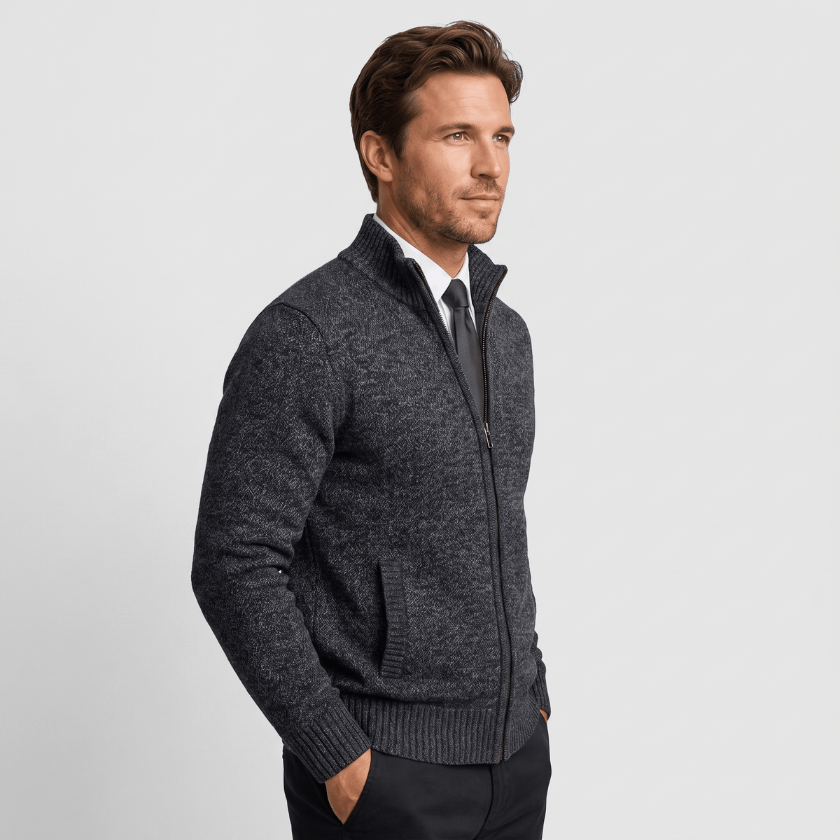 Jonel Textured Knit Cardigan – Stand-Collar Full-Zip Zip-Pocket Sweater