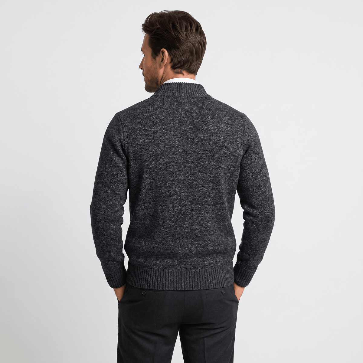 Jonel Textured Knit Cardigan – Stand-Collar Full-Zip Zip-Pocket Sweater