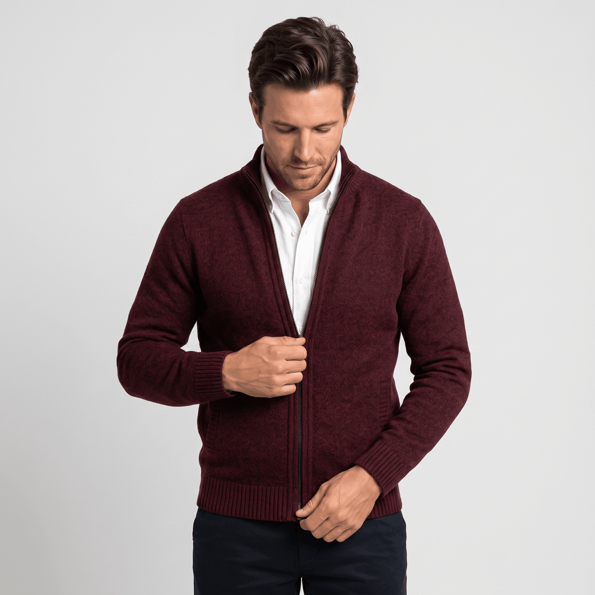 Jonel Textured Knit Cardigan – Stand-Collar Full-Zip Zip-Pocket Sweater