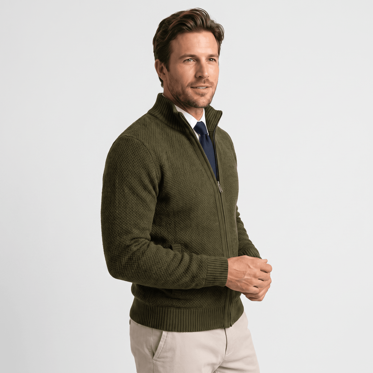 Jonel Textured Knit Cardigan – Stand-Collar Full-Zip Zip-Pocket Sweater