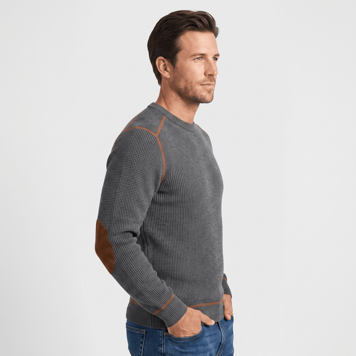 Mauro Waffle-Knit Sweater – Suede Elbow-Patch Ribbed-Trim Everyday Pullover