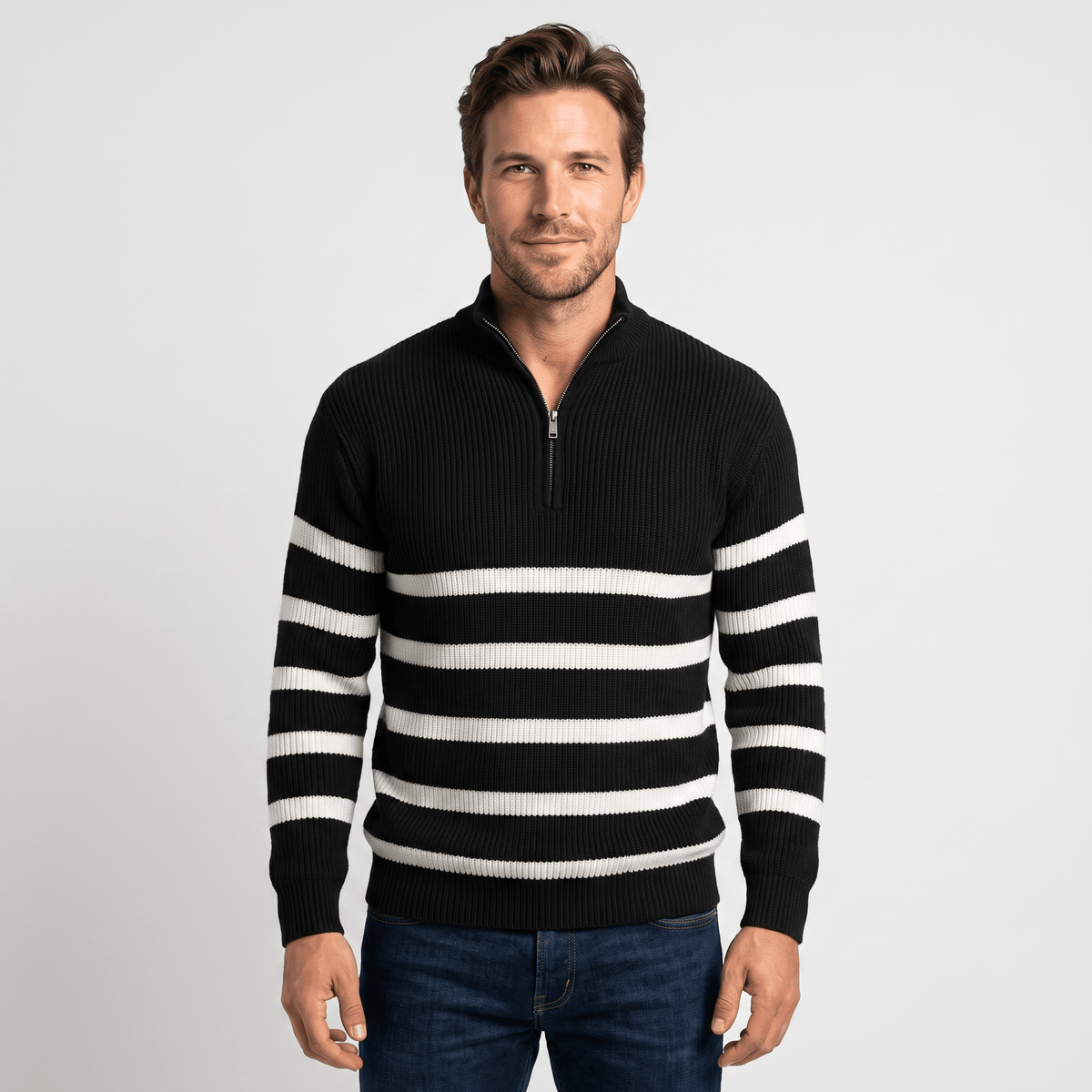 Cyrus Ribbed-Knit Half-Zip Sweater – Striped Stand-Collar Regular-Fit Pullover