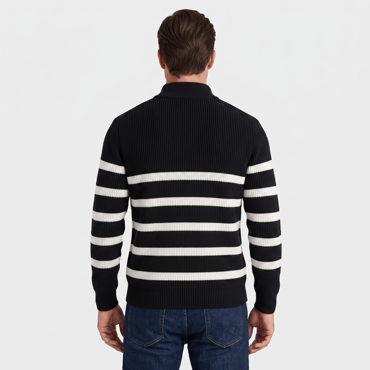Cyrus Ribbed-Knit Half-Zip Sweater – Striped Stand-Collar Regular-Fit Pullover