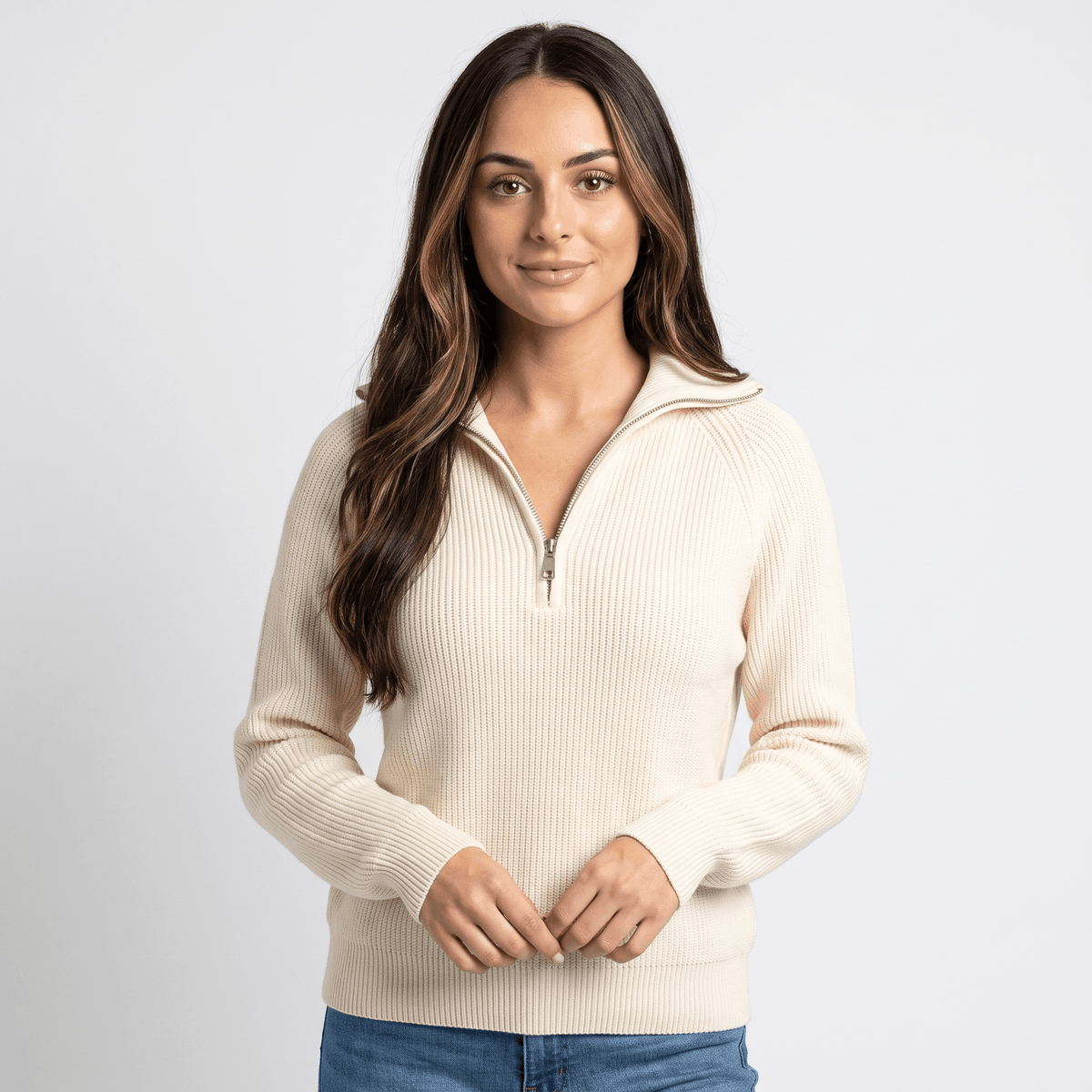 Aria Ribbed Knit Zip-Up Sweater – Fitted Relaxed Cozy Knitwear